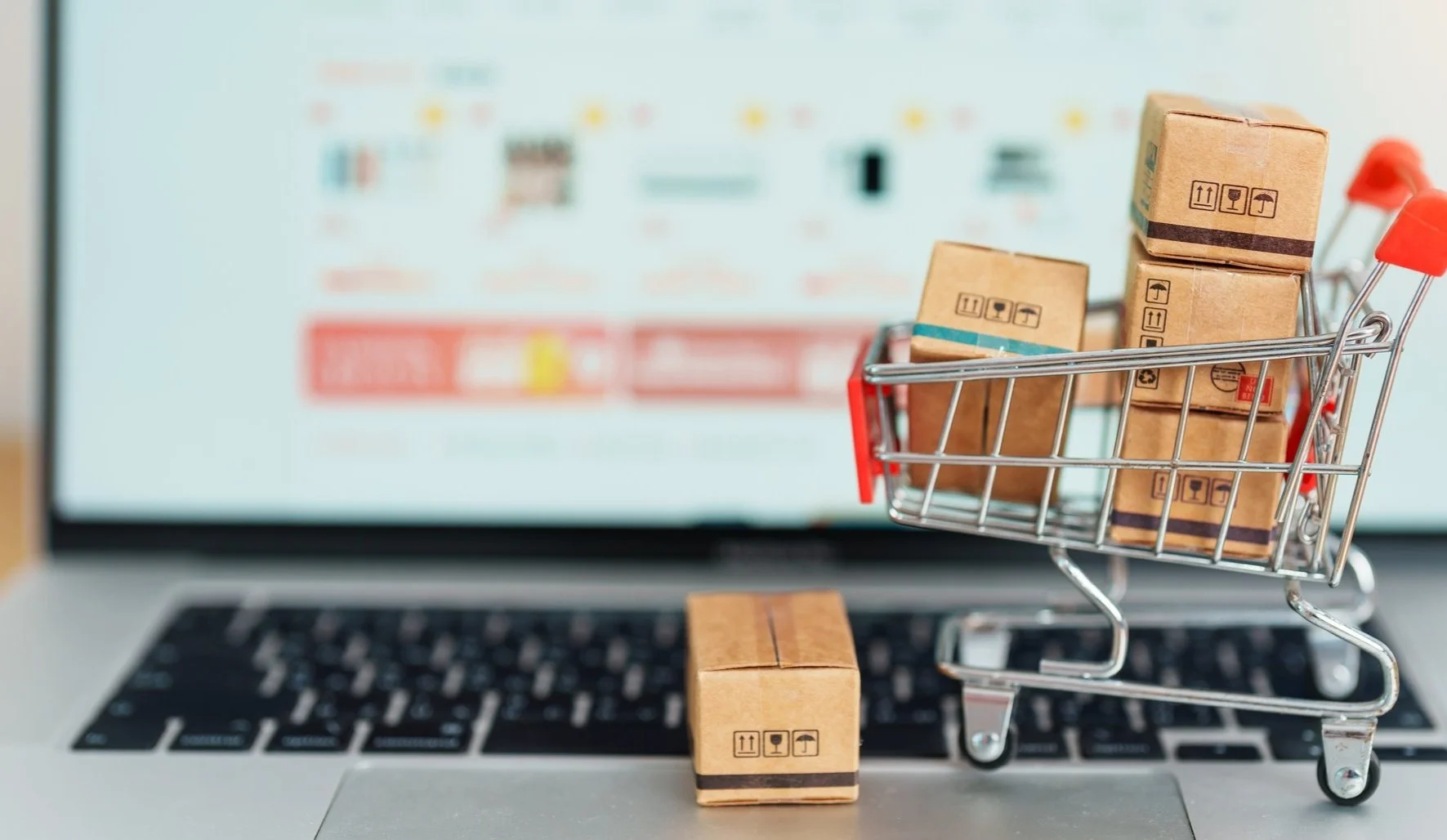 Online shopping and product discovery scene with a cart and ecommerce interface