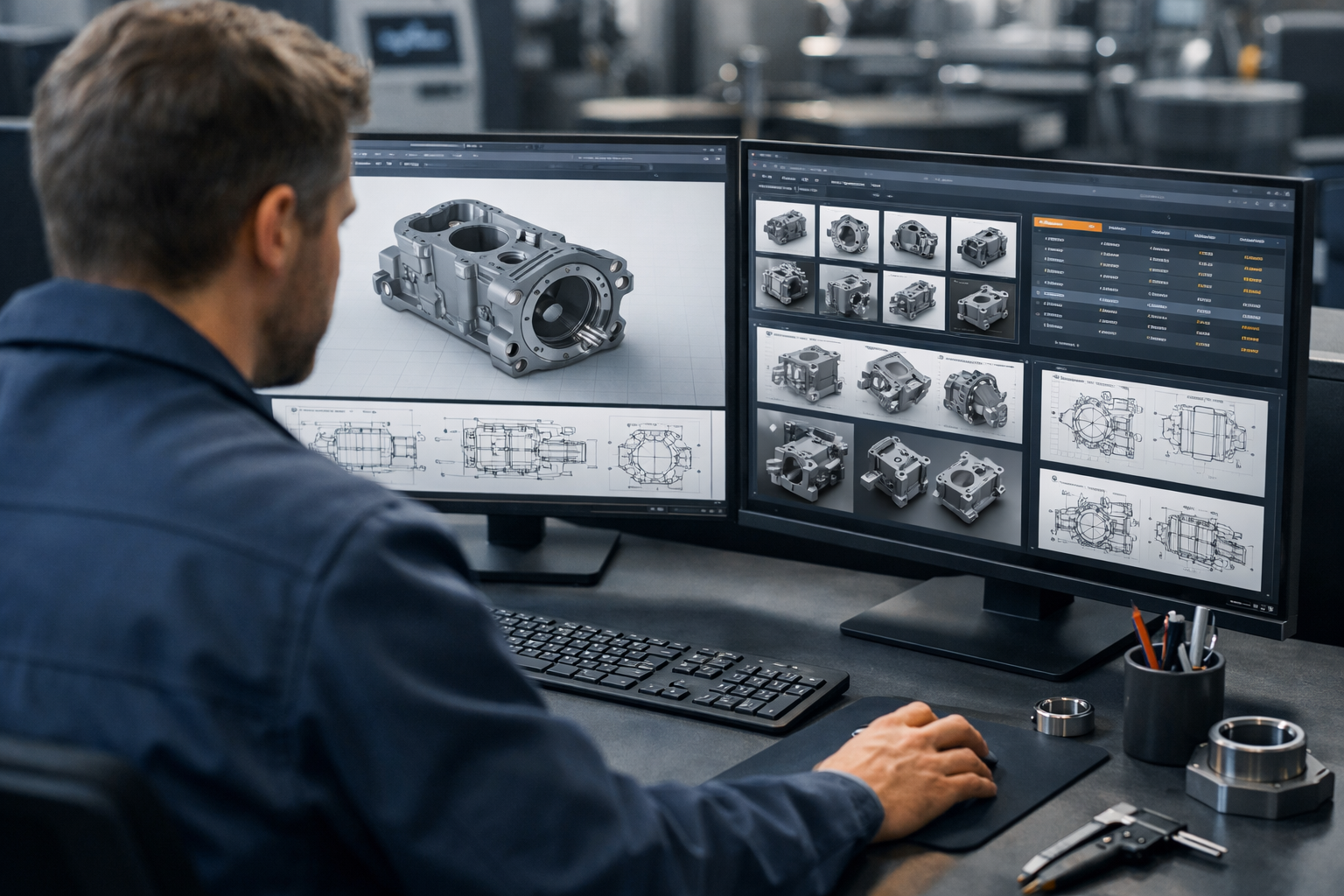 Engineer reviewing CAD models and related part designs on dual monitors