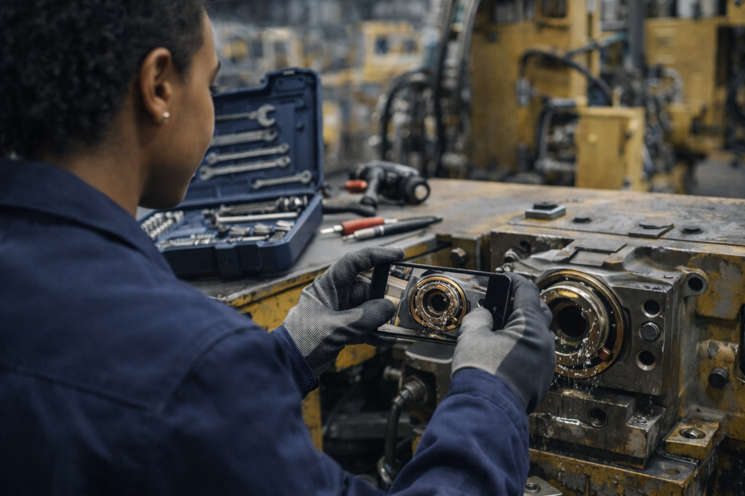 Maintenance technician inspecting industrial equipment and identifying a failed part
