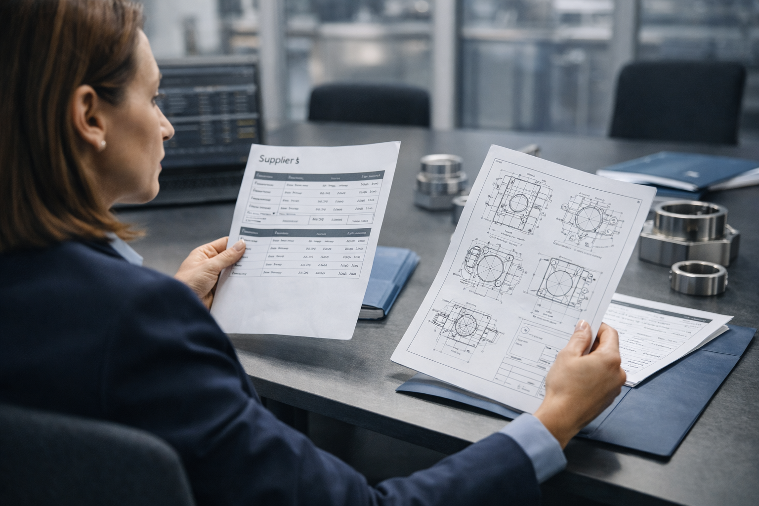 Procurement professional reviewing supplier information and technical part drawings