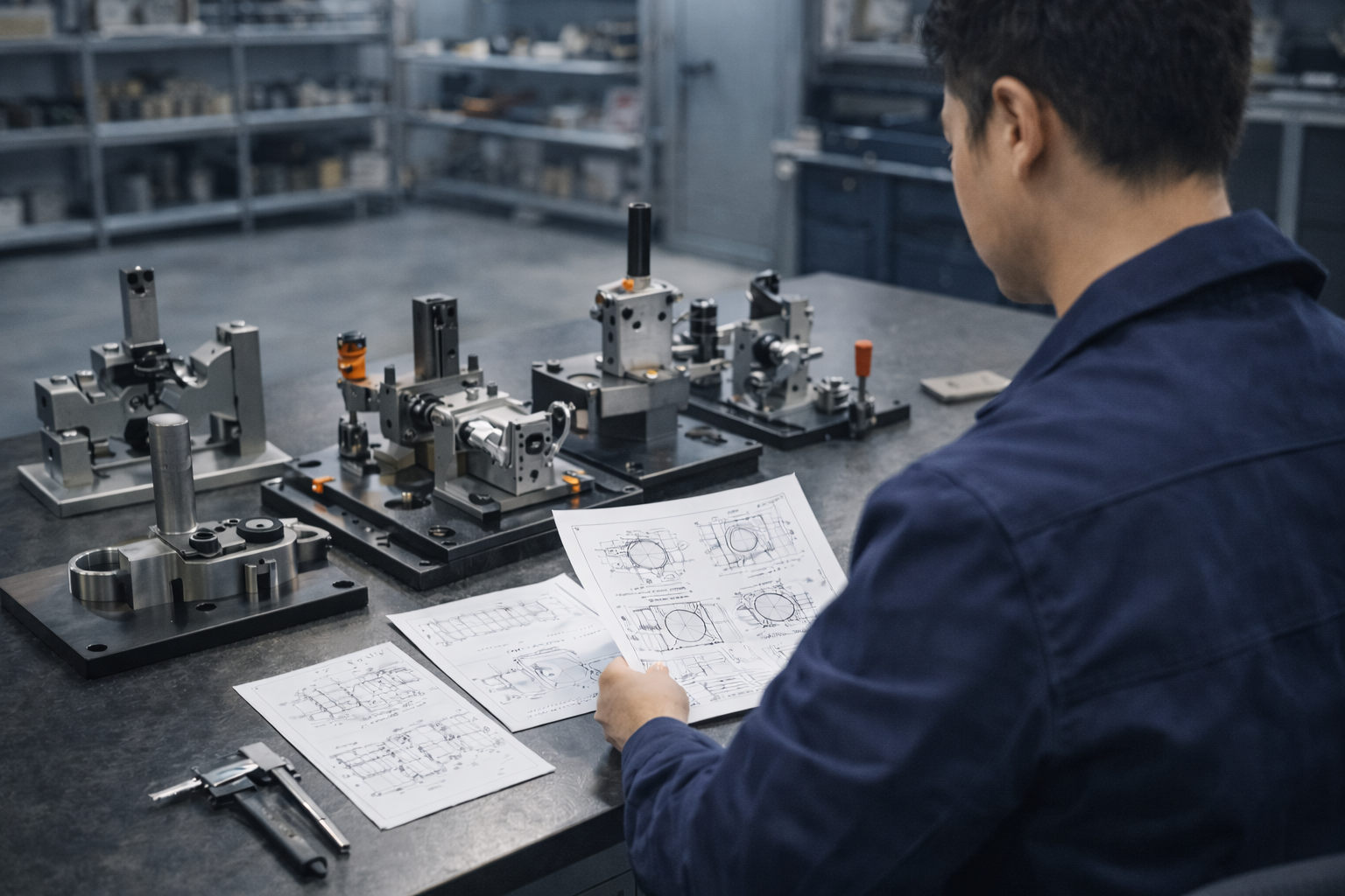 Tooling engineer reviewing fixtures, tooling hardware, and technical drawings at a workbench